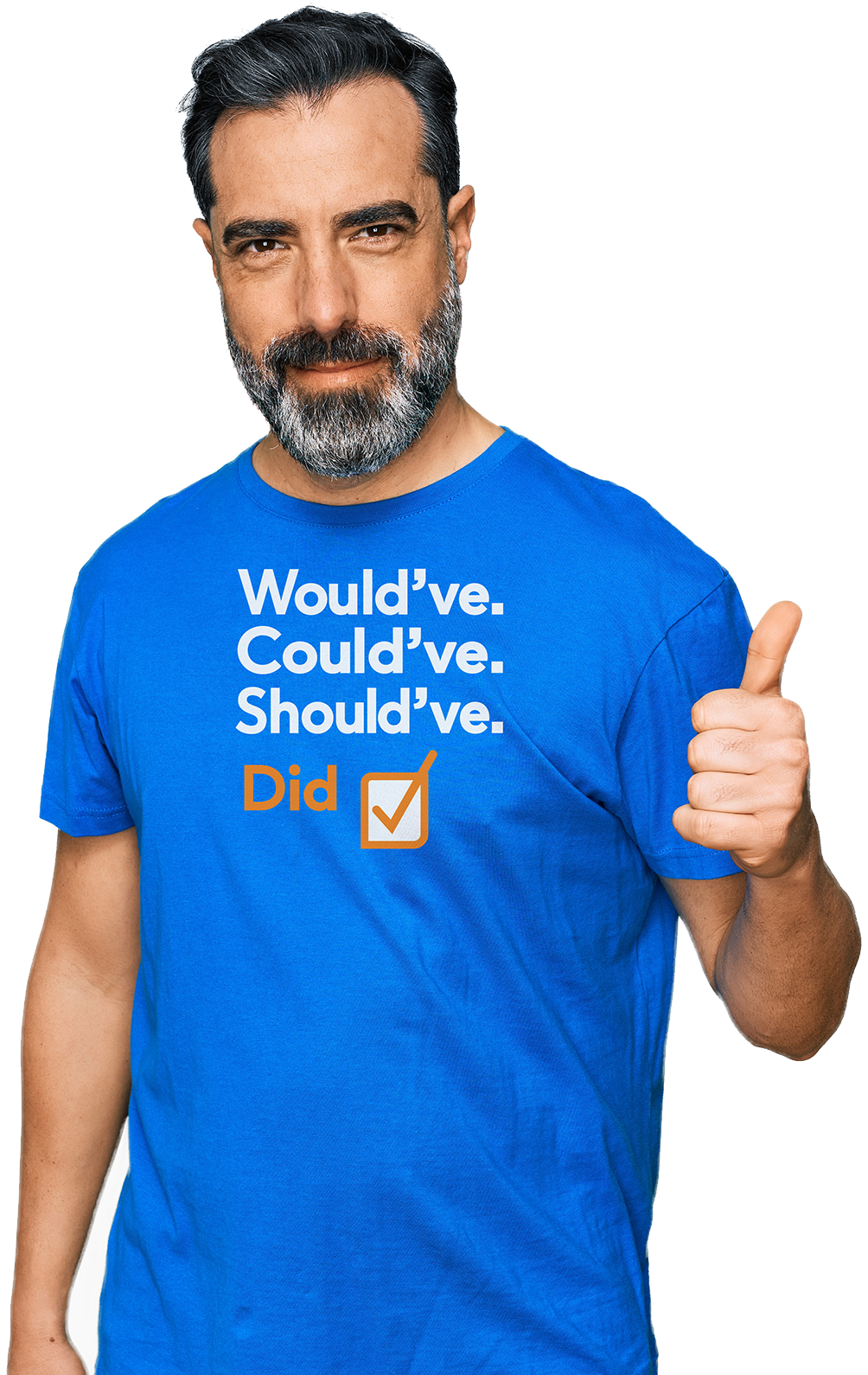 Man with blue shirt and thums up.
